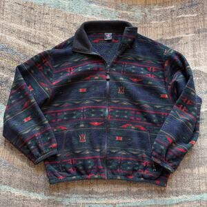 Vintage 90's Timberline Colorado Blue Aztec Fleece Zip Up Bomber Jacket Sz Large